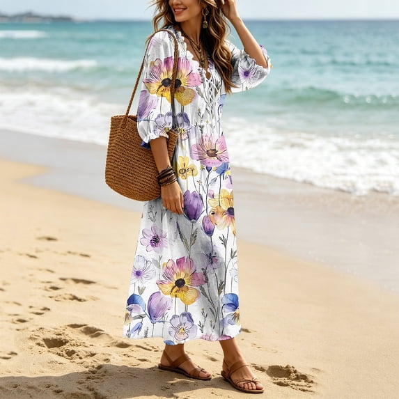 QSAWXQZ Women's Maxi Dress V Neck 3/4 Sleeve Loose Gown Casual Flowy Summer Sundress S