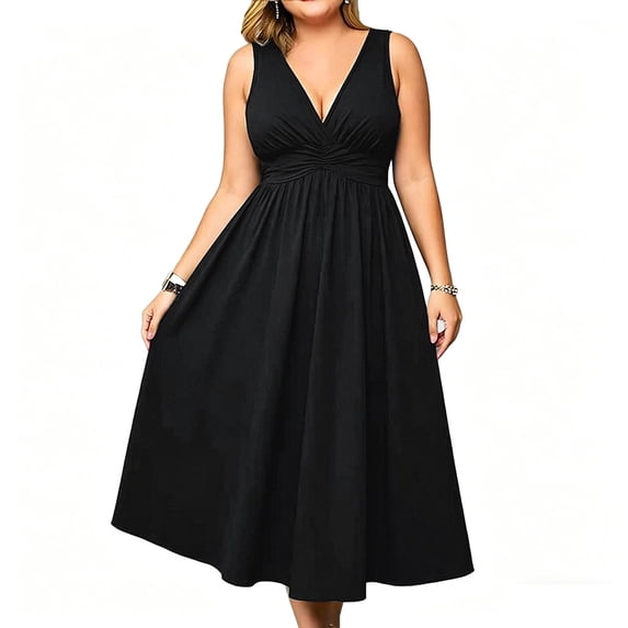 QSAWXQZ Women's Maxi Dress V Neck Sleeveless Empire Waist Casual Dress Flowy Lightweight Sundress for Vacation 2XL