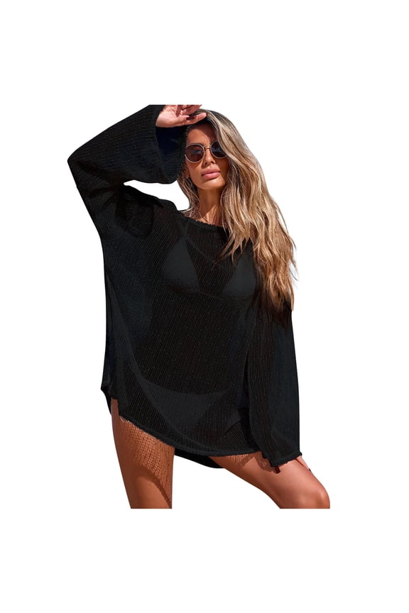 Women's Mesh Hollow Out Cover Up Top Long Bell Sleeve Crew Neck Solid Oversize Pullover Blouse Black Free Size