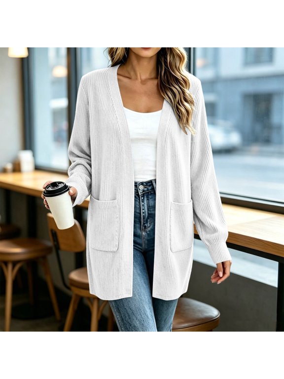 Women's Mid Length Coat Long Sleeve Open Front Pockets Casual Outerwear M