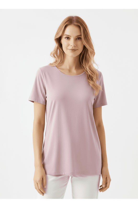 Women's Modal Built in Bra Pajama Top Crew Neck Short Sleeves Relaxed Sleep Tee Lounge Top for Lounge XS