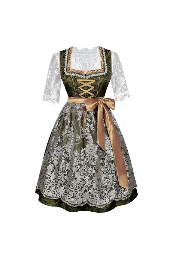 Women's Oktoberfest Dirndl Dress Lace Short Sleeve Square Neck Bavarian Beer Vintage Embroidery Midi Dress Green S