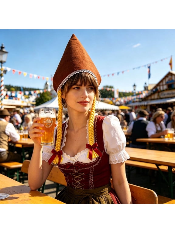 Women's Oktoberfest Pointed Hat Double Braids Bow Bavarian Festival Hat Free Size