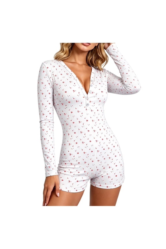 Women's One Piece Pajamas V Neck Button Front Long Sleeve Floral Print Romper Soft Sleepwear Jumpsuit L