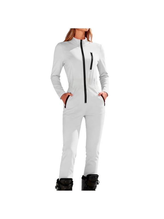 Women's One Piece Ski Suit Zip Up Long Sleeve Mock Neck Thermal Snowsuit for Winter Outdoor Sports Slim Base Layer Jumpsuit with Pockets XL