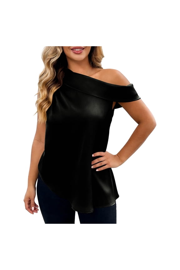 Women's One Shoulder Satin Blouse Draped Sleeveless Top Elegant Silk Casual Solid Asymmetrical Hem Shirt Black M