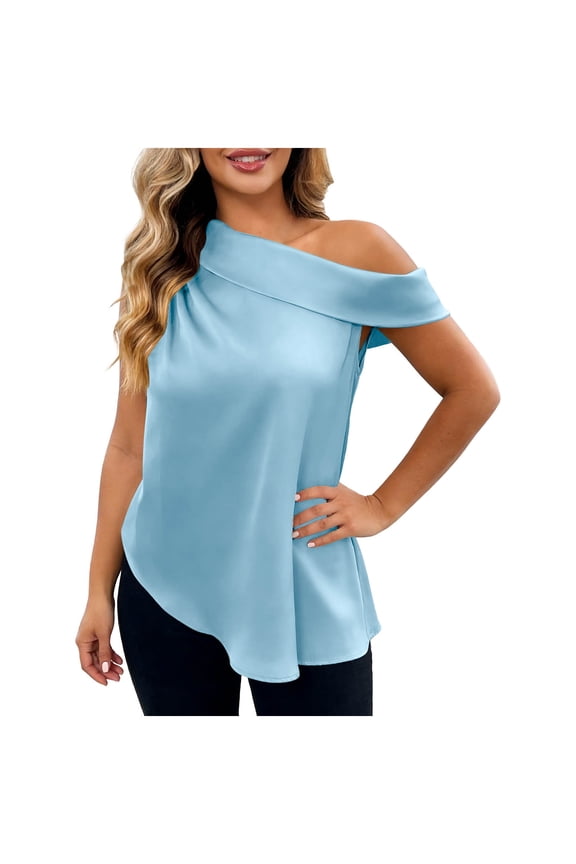Women's One Shoulder Satin Blouse Draped Sleeveless Top Elegant Silk Casual Solid Asymmetrical Hem Shirt Light Blue 2XL