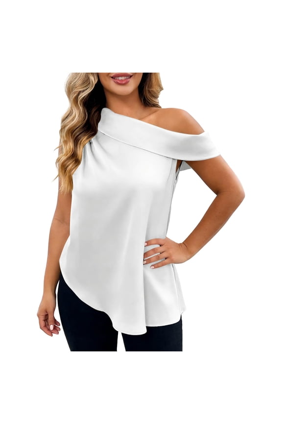 Women's One Shoulder Satin Blouse Draped Sleeveless Top Elegant Silk Casual Solid Asymmetrical Hem Shirt White M