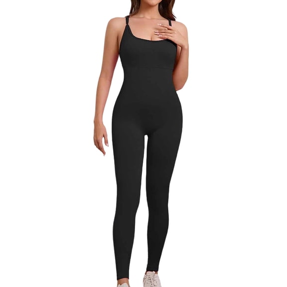 QSAWXQZ Women's Open Back Jumpsuit Bodysuit Built in Padded Crisscross Straps Sleeveless Scoop Neck Seamless Tummy Control Butt Lifting Yoga Workout Romper Black XS