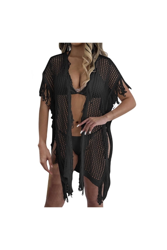 Women's Open Front Knit Cardigan with Fringe Hem Hollow Out Boho Cover Up Black Free Size