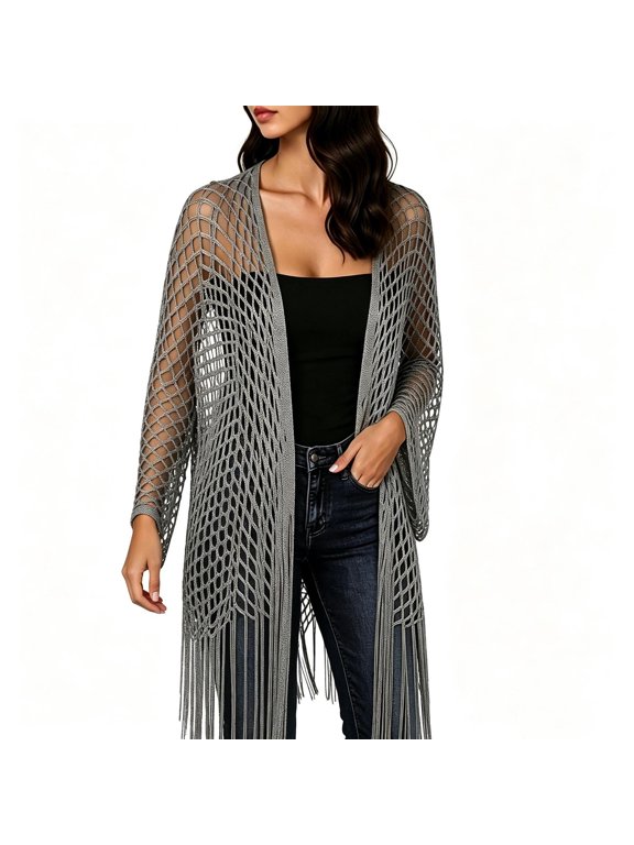 Women's Open Knit Fringe Cardigan Shawl Wrap Long Sleeve Midi Hollow Cover Up for Vacation Beach Free Size