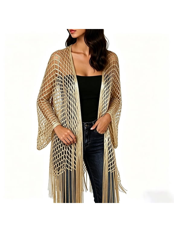 Women's Open Knit Fringe Cardigan Shawl Wrap Long Sleeve Midi Hollow Cover Up for Vacation Beach Free Size