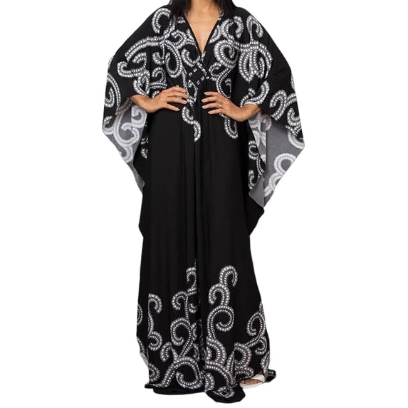 QSAWXQZ Women's Oversize Floral Kaftan Maxi Dress V Neck Batwing Long Sleeve Side Slit Loose Casual Stretchy Dress for Beach Resort Wear Free Size