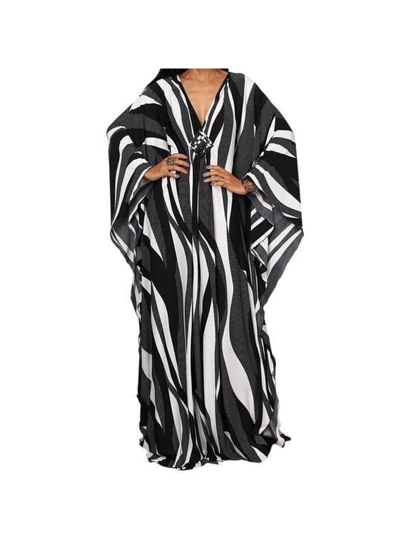 Women's Oversize Floral Kaftan Maxi Dress V Neck Batwing Long Sleeve Side Slit Loose Casual Stretchy Dress for Beach Resort Wear Free Size