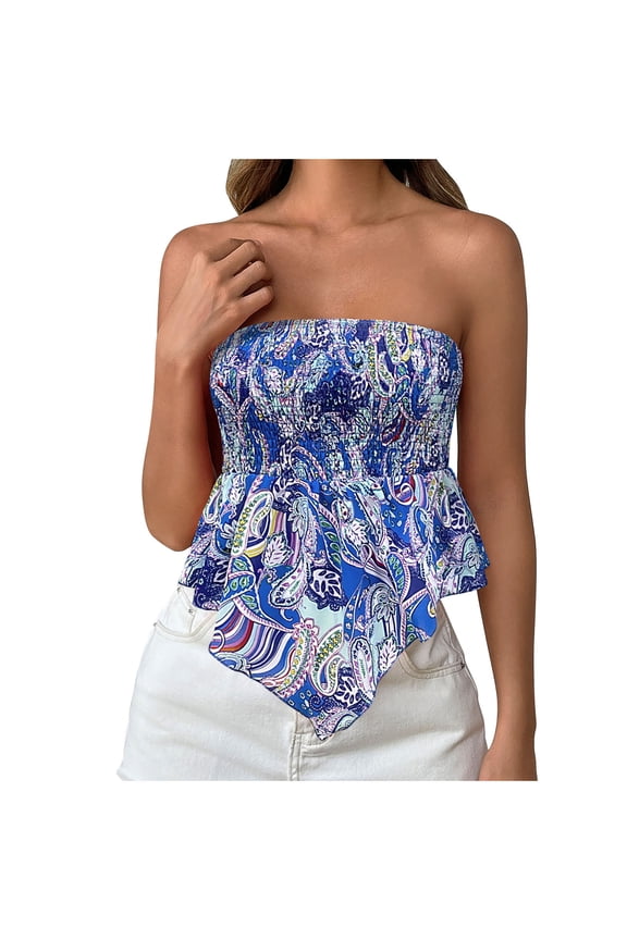 Women's Paisley Print Tube Top Strapless Smocked Bodice Asymmetrical Hanky Hem Stretchy Beach Boho Tank for Casual S