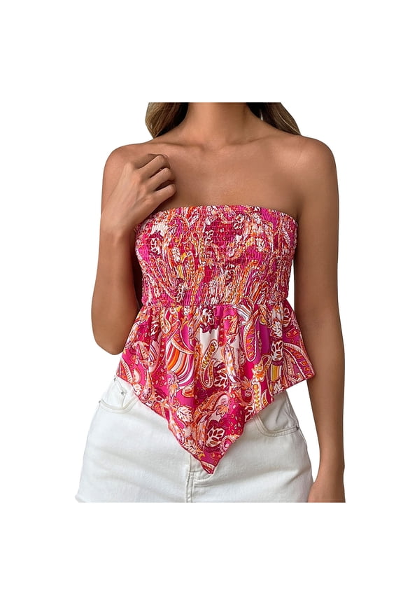 Women's Paisley Print Tube Top Strapless Smocked Bodice Asymmetrical Hanky Hem Stretchy Beach Boho Tank for Casual S