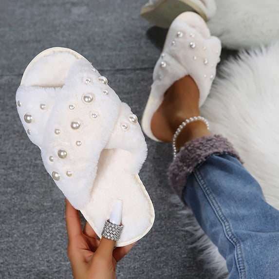 QSAWXQZ Women's Pearl Fuzzy Closed Toe Clog Slippers Slip-on Soft Indoor House Shoes 36