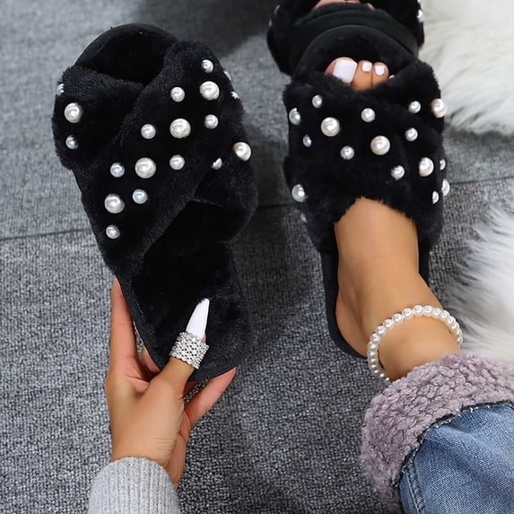 QSAWXQZ Women's Pearl Fuzzy Closed Toe Clog Slippers Slip-on Soft Indoor House Shoes 38