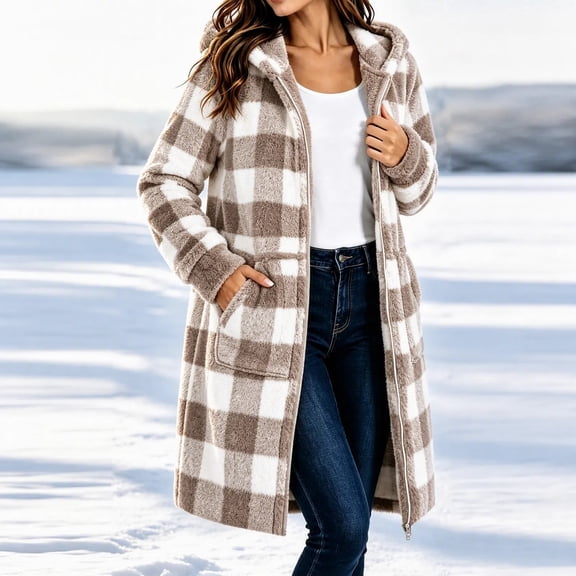 QSAWXQZ Women's Plaid Hooded Fleece Coat Long Sleeve Full Zip Pockets Casual Knee Length Outerwear S