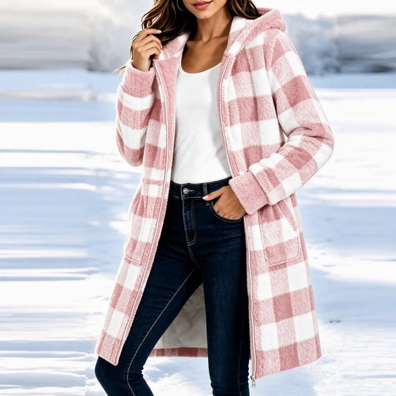 QSAWXQZ Women's Plaid Hooded Fleece Coat Long Sleeve Full Zip Pockets Casual Knee Length Outerwear S