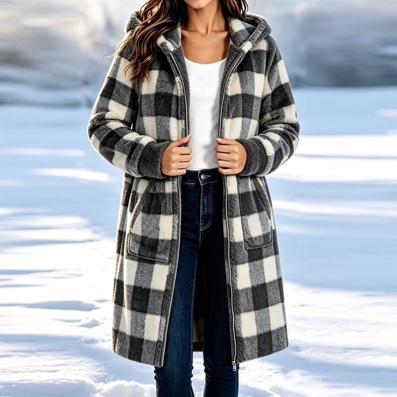 QSAWXQZ Women's Plaid Hooded Fleece Coat Long Sleeve Full Zip Pockets Casual Knee Length Outerwear S