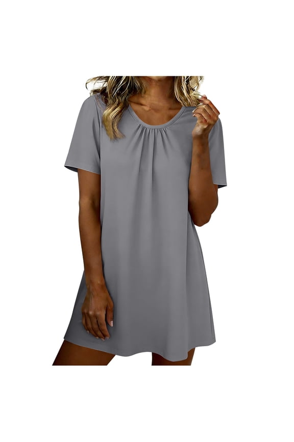 Women's Pleated T Shirt Dress Short Sleeve Crew Neck Loose Shift Mini Dress Casual Daily Lounge Sleep Wear Nightgown 2XL