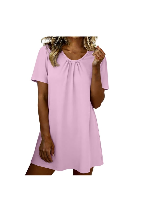 Women's Pleated T Shirt Dress Short Sleeve Crew Neck Loose Shift Mini Dress Casual Daily Lounge Sleep Wear Nightgown S