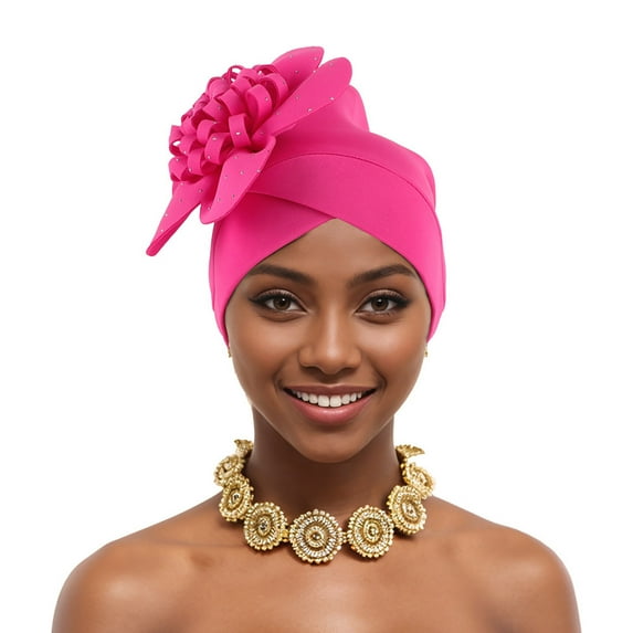 QSAWXQZ Women's Pleated Turban Hat Elegant Headwrap with Floral and Beaded Embellishments for Formal Banquet and Holiday Party Hot Pink-1 Free Size