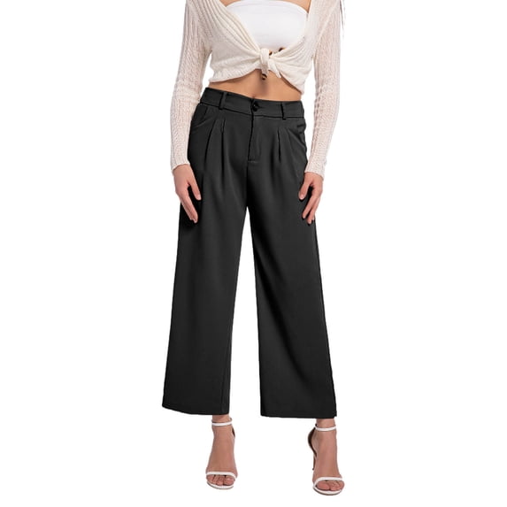 QSAWXQZ Women's Pleated Wide Leg Crop Dress Pants High Waisted Casual Culottes Trousers with Pockets for Summer Work Black XL