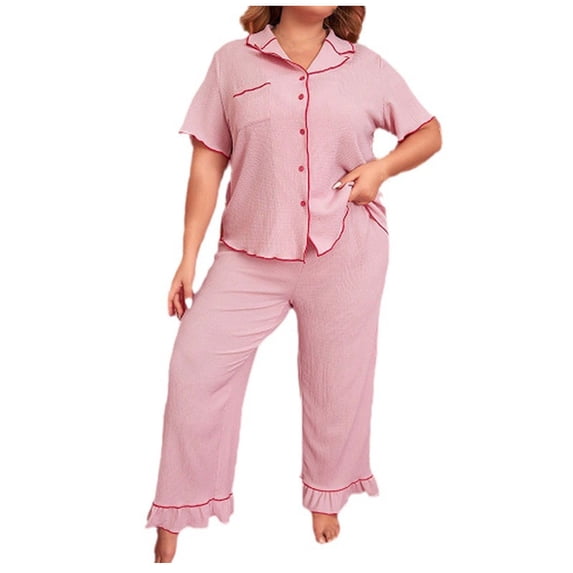 QSAWXQZ Women's Plus 2 Piece Pajama Set Short Sleeve Button Down Shirt and Wide Leg Pants Soft Sleepwear with Pocket Pink 2XL