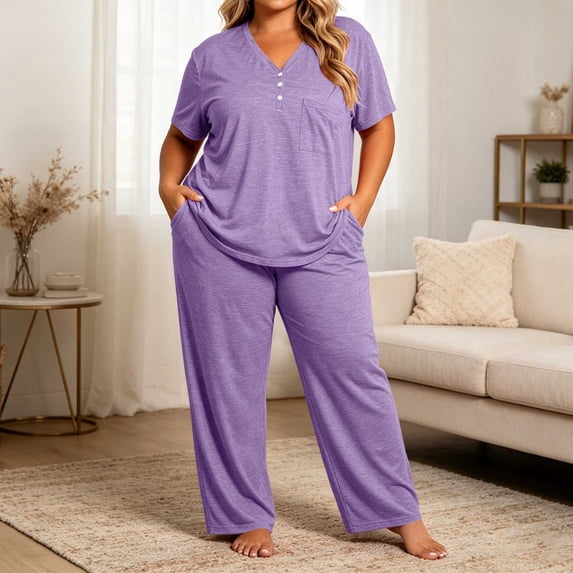 QSAWXQZ Women's Plus 2PC Pajama Set V Neck Long Sleeve Top Drawstring Elastic Waist Wide Leg Pants with Pockets Loungewear 5XL