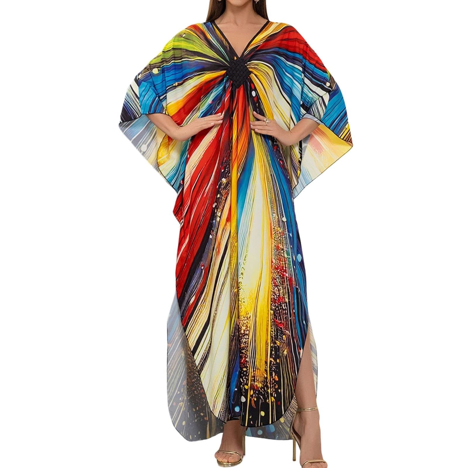 QSAWXQZ Women's Plus Abstract Print Kaftan Maxi Dress Oversize Batwing ...