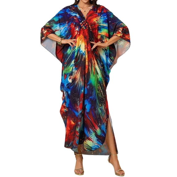 QSAWXQZ Women's Plus Abstract Print Kaftan Maxi Dress Oversize Batwing 3/4 Sleeve V Neck Side Slits Loose Boho Beach Cover Up for Resort Wear Free Size