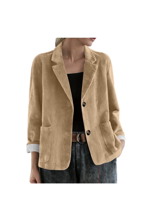 Women's Plus Corduroy Blazer Jacket with Shoulder Pads Button Front Long Sleeve Fall Casual Outerwear with Pockets S