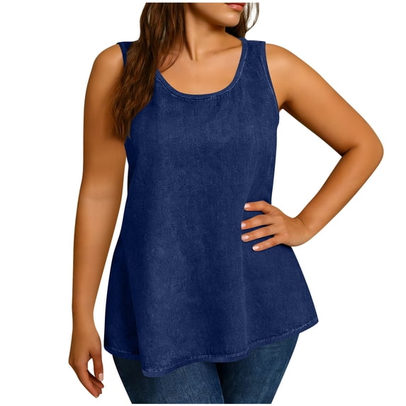 QSAWXQZ Women's Plus Faux Denim Tank Top Scoop Neck A Line Swing Vest Loose Washed Casual Sleeveless Blouse for Summer XL