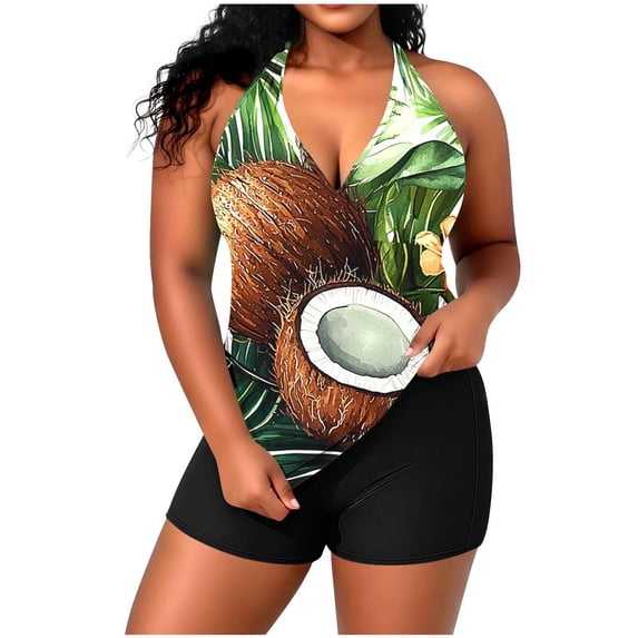 QSAWXQZ Women's Plus Halter Tankini Set 2 Piece Bathing Suit V Neck Flowy Top Boyshorts Tummy Control Modest Swimwear for Summer Vacation Beach Pool Green-3 4XL