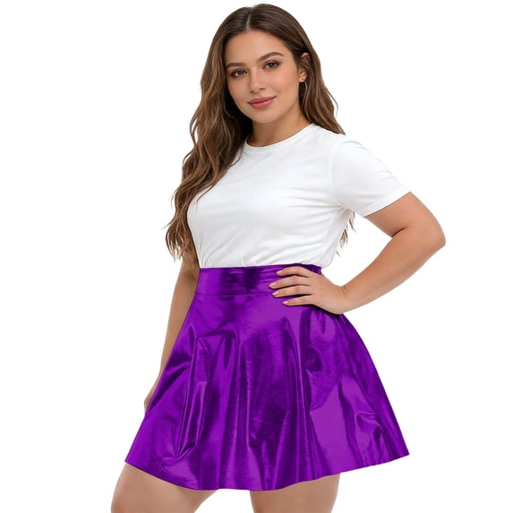 QSAWXQZ Women's Plus High Waisted Mini Skirt Shiny Solid Flare A Line Skater Skirt for Party Clubwear Purple 5XL
