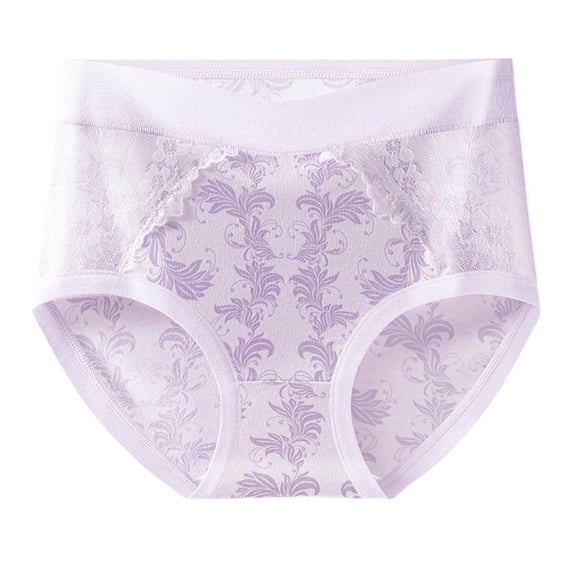 QSAWXQZ Women's Plus High Waisted Panties Jacquard Floral Graphic Lace Splicing Full Coverage Breathable Soft Underwear Briefs for Casual Purple XL