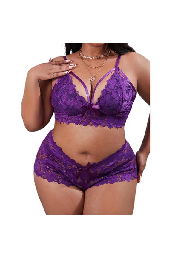 Women's Plus Lingerie Set Floral Lace Bra and Panty Strappy Bustier Bow Detail Underwear for Honeymoon Date Night Romantic Wear Purple XL