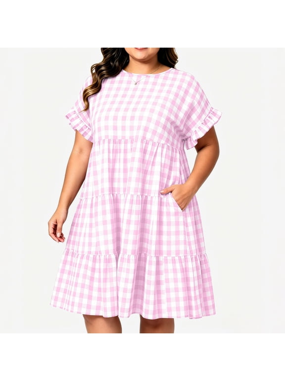 Women's Plus Size Gingham Midi Dress with Pockets Ruffle Short Sleeve Crew Neck Tiered A Line Dress for Casual XL
