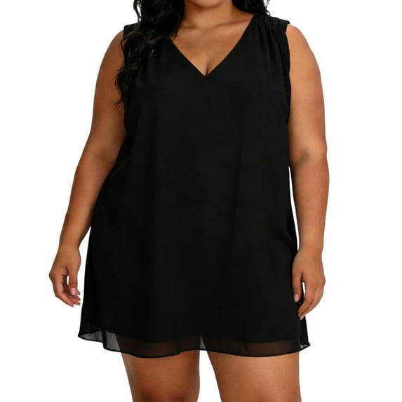 QSAWXQZ Women's Plus Size V Neck Tank Dress Sleeveless Pleated Shoulder Shift Dress Loose Flowy Summer Mini Dress for Loungewear XL
