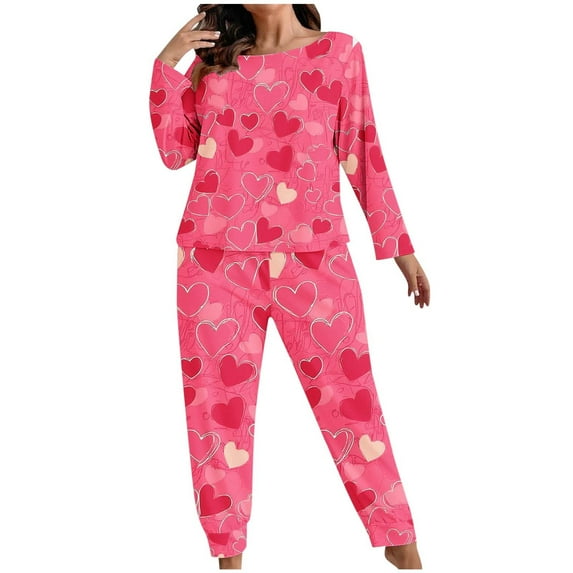 QSAWXQZ Women's Plus Valentine's Day 2 Piece Pajama Set Long Sleeve Crew Neck Pullover Top Elastic Waist Jogger Pants Heart Print Loungewear Sleepwear 2XL