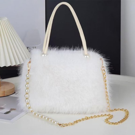 QSAWXQZ Women's Furry Tote Bag with Detachable Strap Handbag White