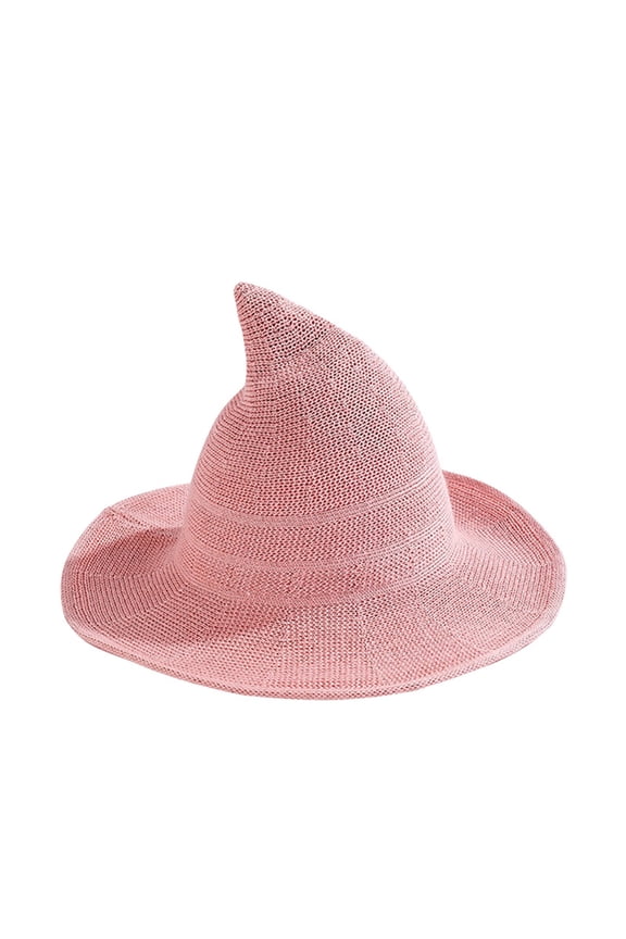 Women's Pointed Knit Witch Hat Foldable Wide Brim Solid Cap for Theme Parties and Fall Festivals Pink Free Size