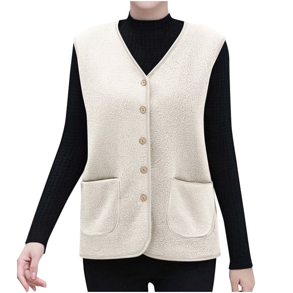 QSAWXQZ Women's Polar Fleece Vest V Neck Sleeveless Button Down Cardigan Vest with Pockets M