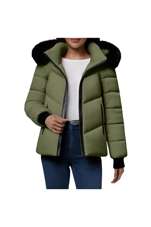 Women's Quilted Down Jacket Hooded Long Sleeve Solid Zip Up Cardigan Puffer Parka with Pockets Olive Green 3XL