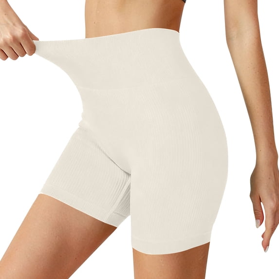 QSAWXQZ Women's Regular Biker Shorts High Waist Tummy Control Quick Dry Ribbed Knit Solid Seamless Soft Stretchy Athletic Yoga Gym Shorts Beige L