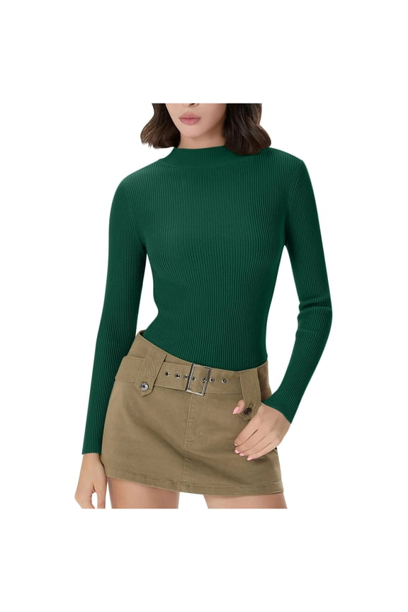 Women's Ribbed Knit Shirt Long Sleeve Mock Neck Solid Slim Pullover Basic Tee for Spring Green XS