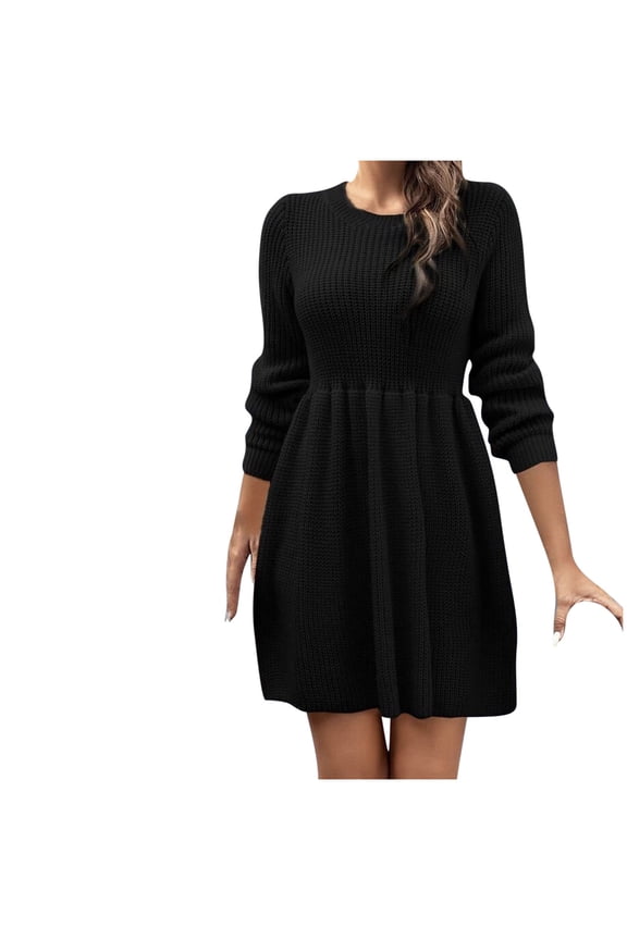 Women's Ribbed Sweater Dress Long Sleeve Crewneck Solid A Lined Pullover Mini Dress Black XL