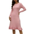 thumbnail image 1 of QSAWXQZ Women's Ribbed Sweater Dress Long Sleeve Crewneck Solid Knee Length Ruffle Bodycon Midi Dress Pink L, 1 of 3